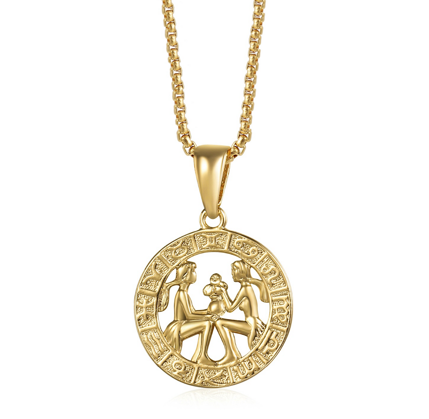 Goldtone Circular Star Sign Zodiac Medallion Pendant Necklace