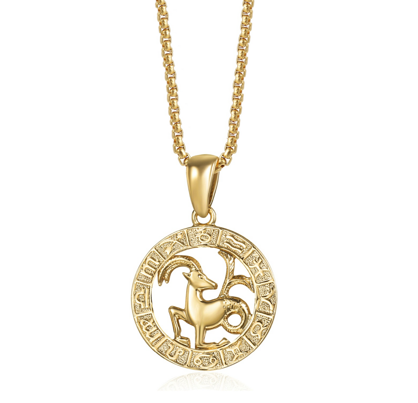 Goldtone Circular Star Sign Zodiac Medallion Pendant Necklace