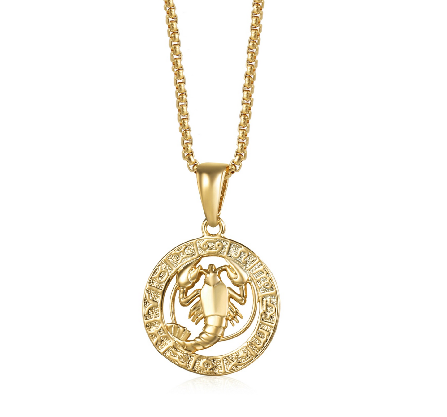 Goldtone Circular Star Sign Zodiac Medallion Pendant Necklace