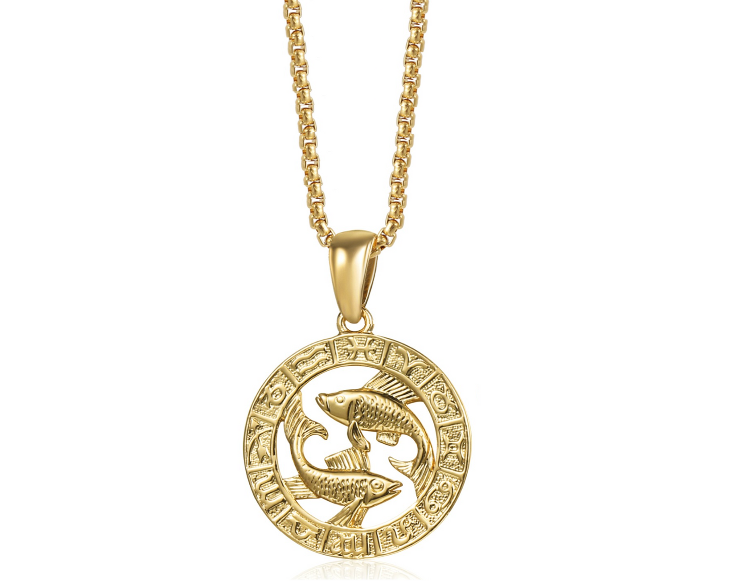 Goldtone Circular Star Sign Zodiac Medallion Pendant Necklace