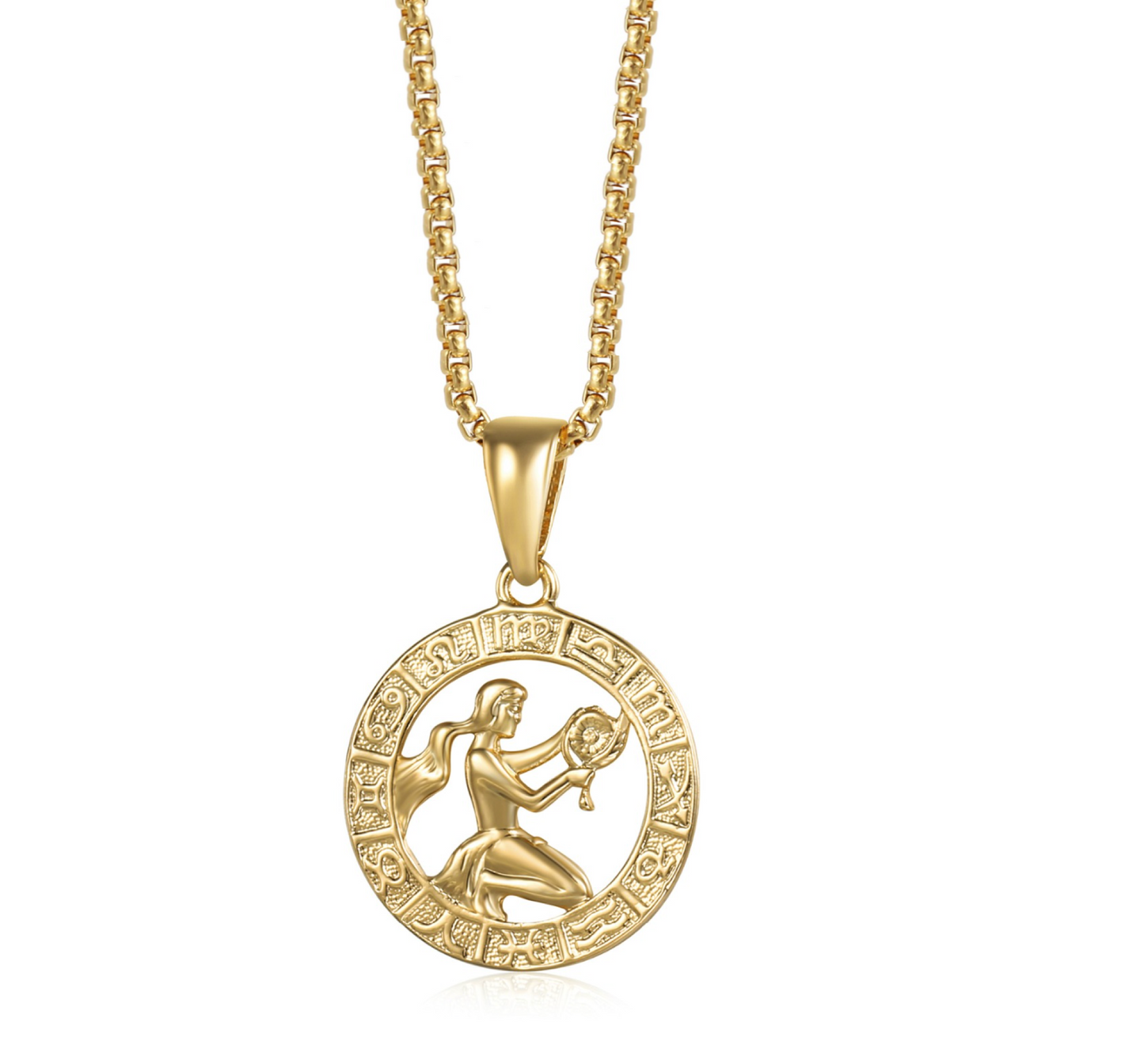 Goldtone Circular Star Sign Zodiac Medallion Pendant Necklace