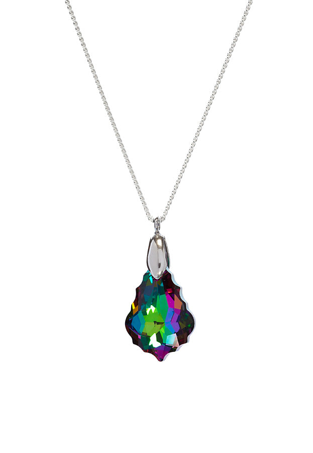 Silvertone Multi-faceted Teardrop Pendant Necklace with Swarovski Crystals