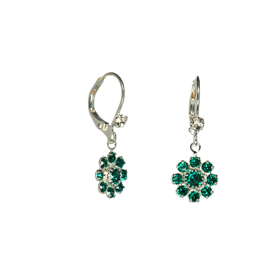 Silvertone Flower Drop Earrings with Green Swarovski Crystal