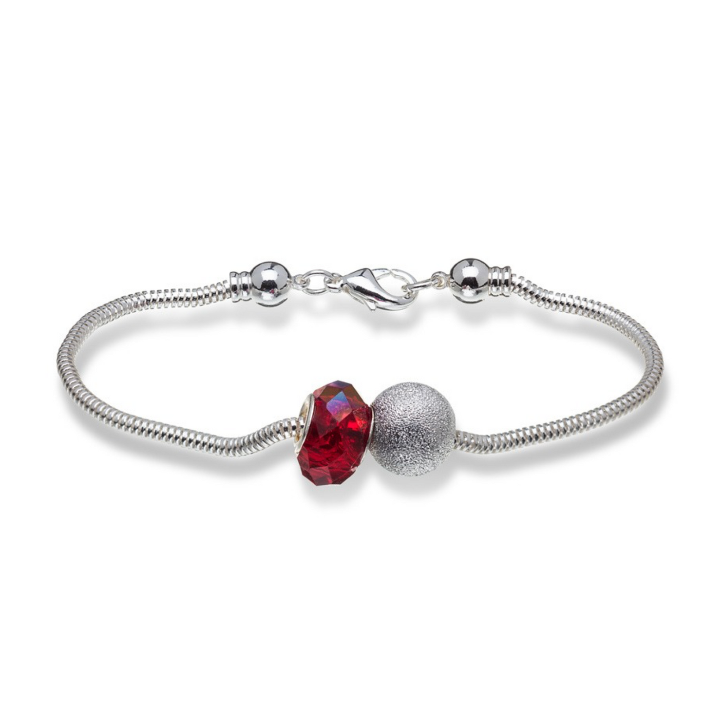 Silver Plated Charm Bracelet With Red Faceted Crystal Charm