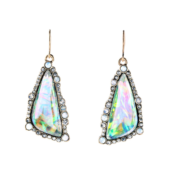 Paua shell triangular earrings with gold-tone hooks, front view