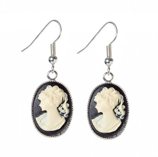 Silvertone Jet And Pearl Vintage Cameo Drop Earrings
