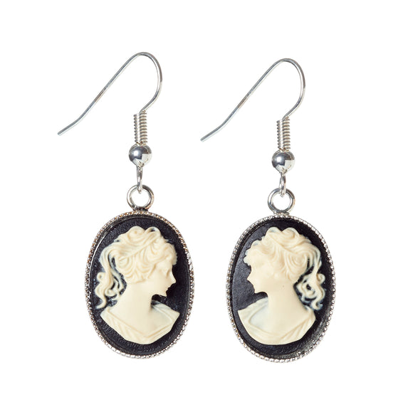 Silvertone Jet And Pearl Vintage Cameo Drop Earrings