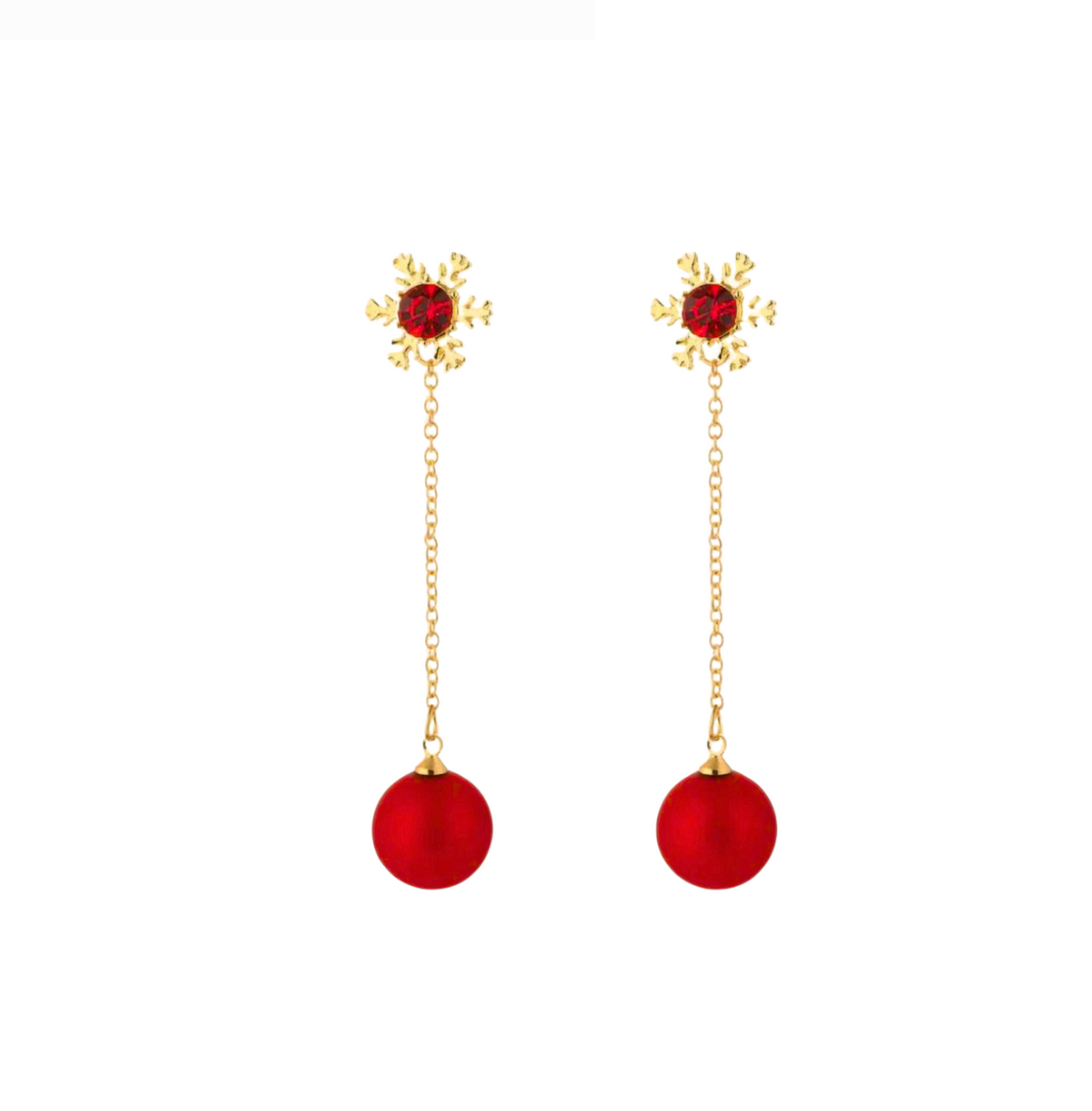 Goldtone snowflake drop earrings with red crystal centers and dangling red beads