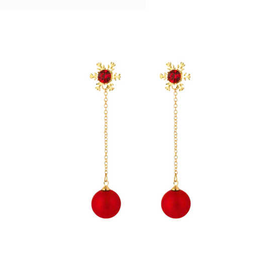 Goldtone Red Snowflake And Imitation Pearl Drop Earrings