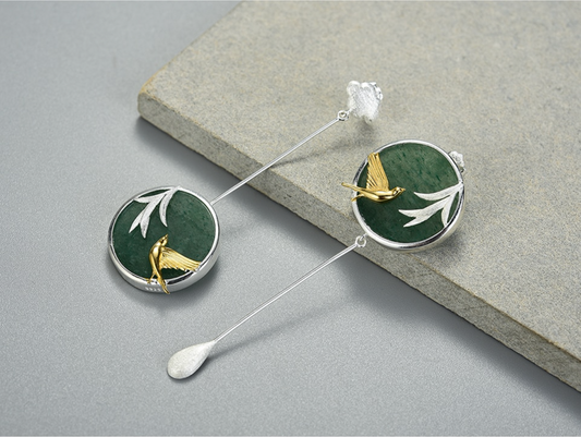 Aventurine & Sterling Silver Bird Branch Circle Drop Earrings