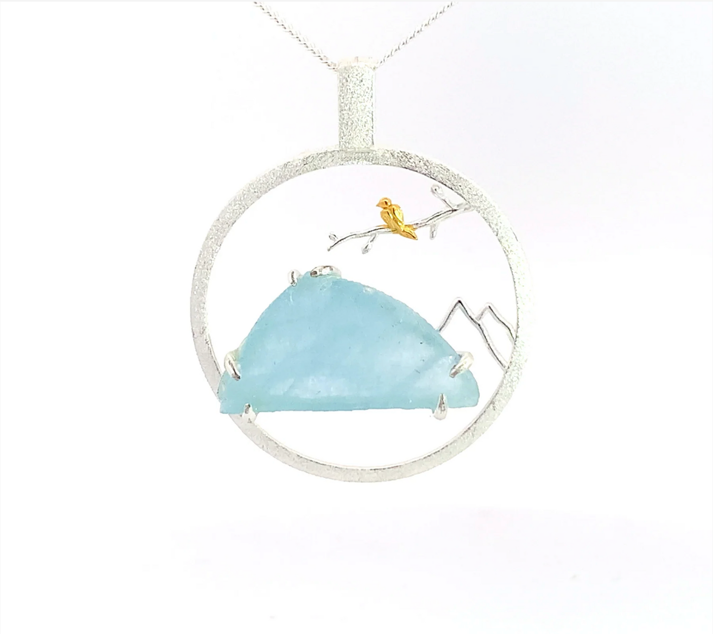 Sterling Silver Aquamarine Mountain Scenery with Gold Bird Pendant Necklace