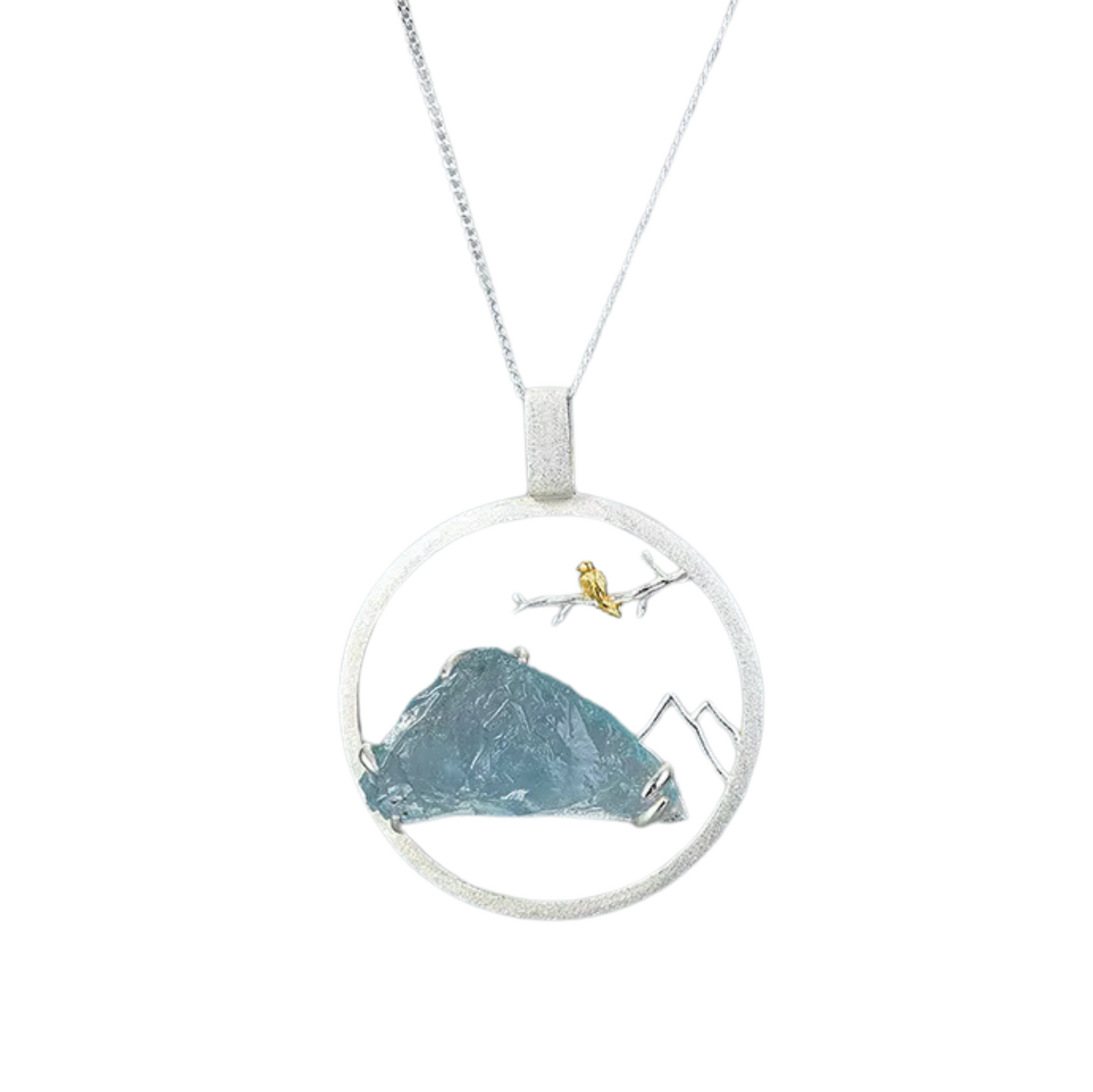Sterling Silver Aquamarine Mountain Scenery with Gold Bird Pendant Necklace