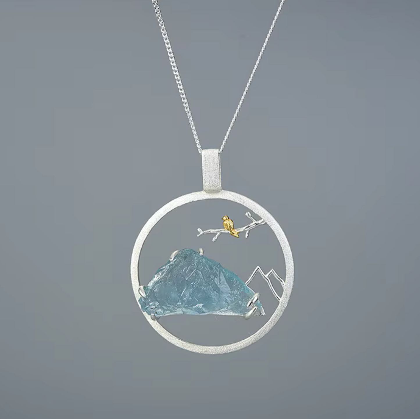 Sterling Silver Aquamarine Mountain Scenery with Gold Bird Pendant Necklace