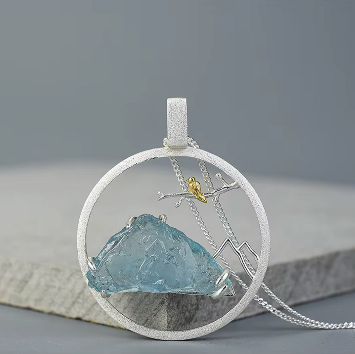 Sterling Silver Aquamarine Mountain Scenery with Gold Bird Pendant Necklace