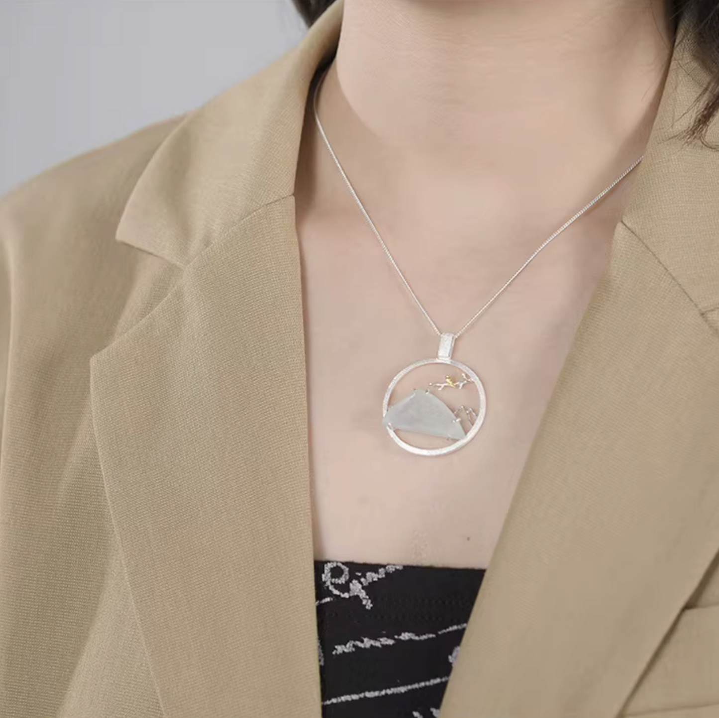 Sterling Silver Aquamarine Mountain Scenery with Gold Bird Pendant Necklace