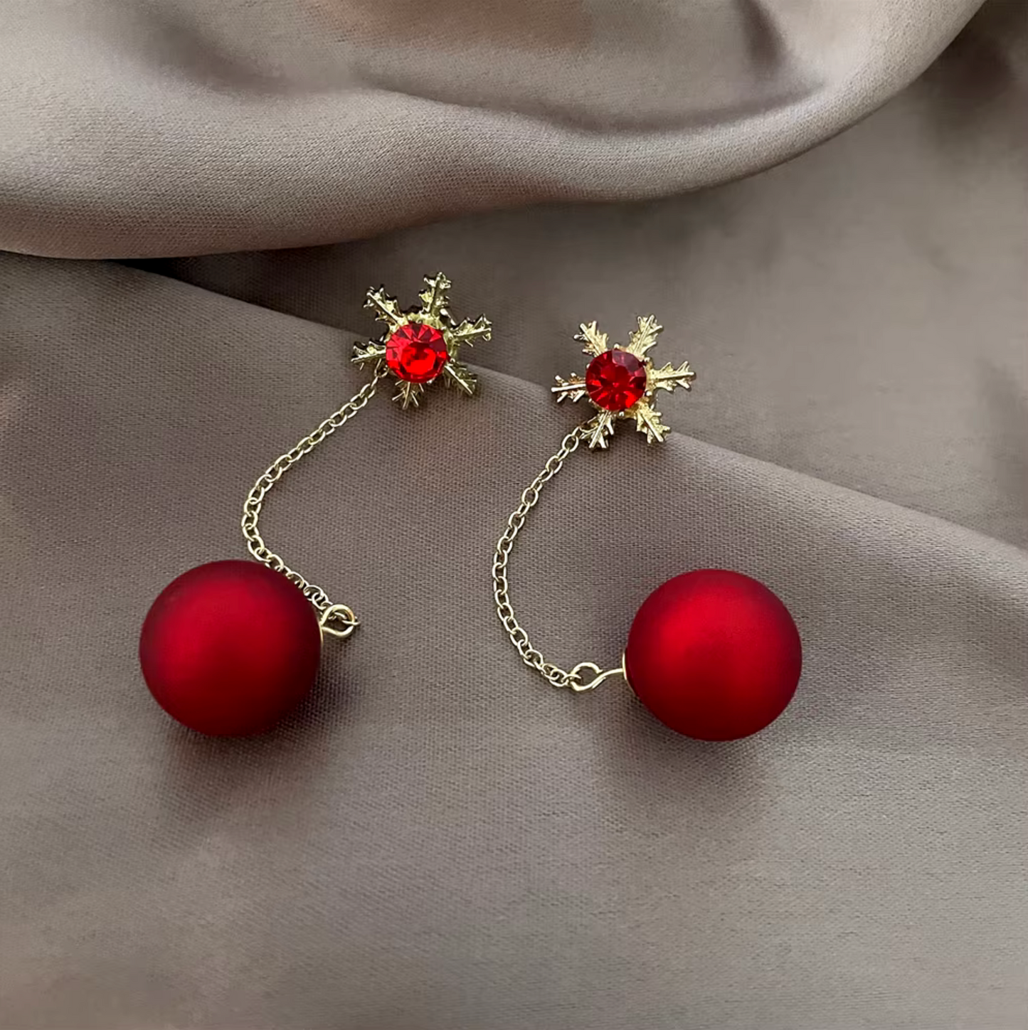 Goldtone Red Snowflake And Imitation Pearl Drop Earrings