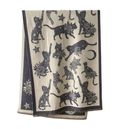 Celestial Cat-Patterned Scarf Fringe-Trimmed Scarf