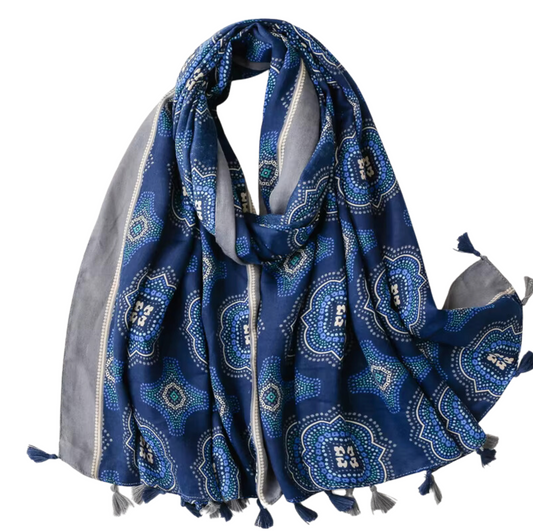 Rich Blue Geometric Scarf with Tassels