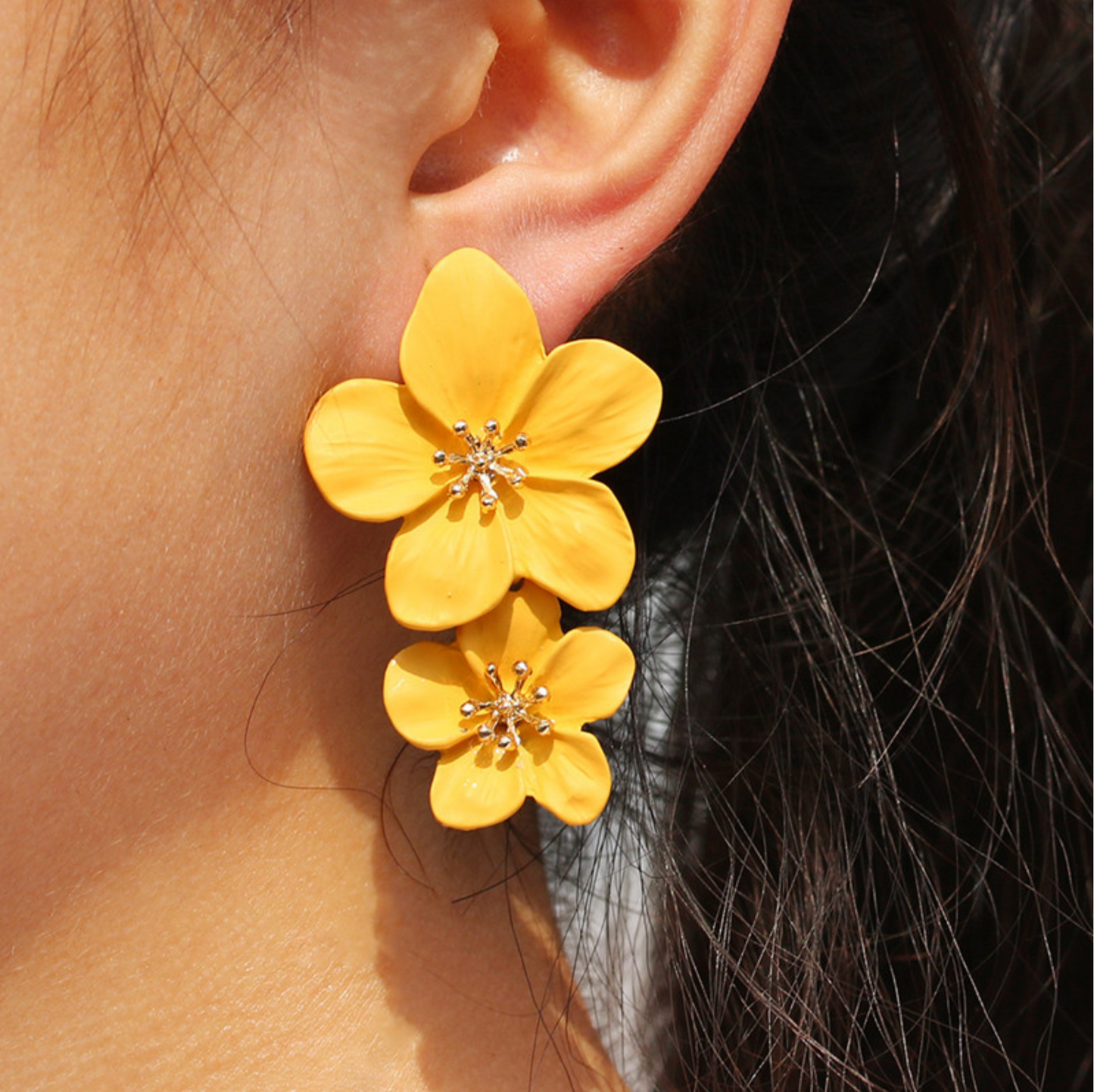 Yellow Goldtone Plumeria Drop Earrings