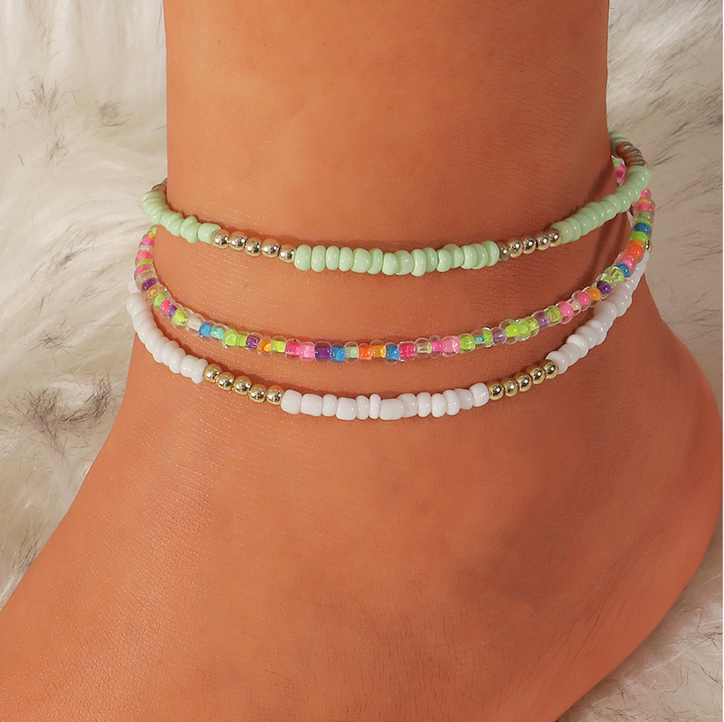 Mint Green Multi Colored Beaded Anklet Set