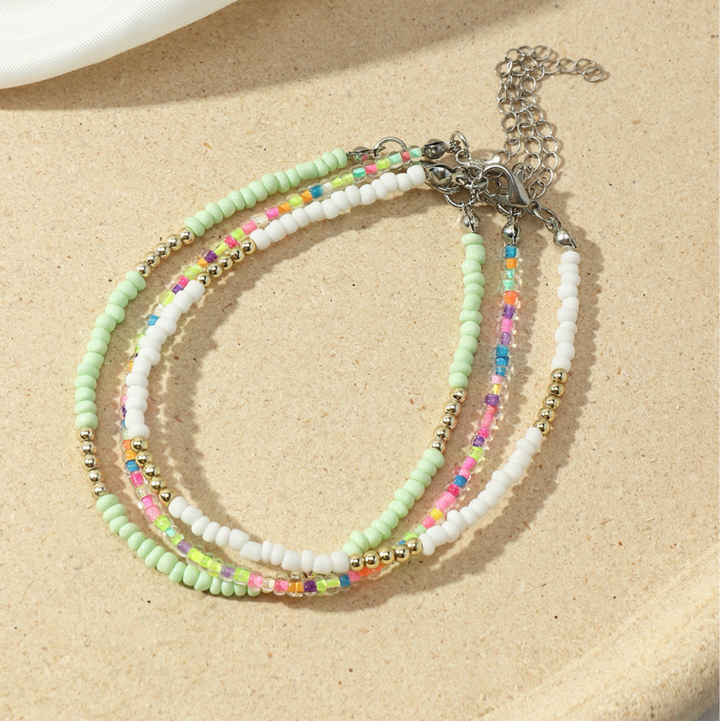 Mint Green Multi Colored Beaded Anklet Set