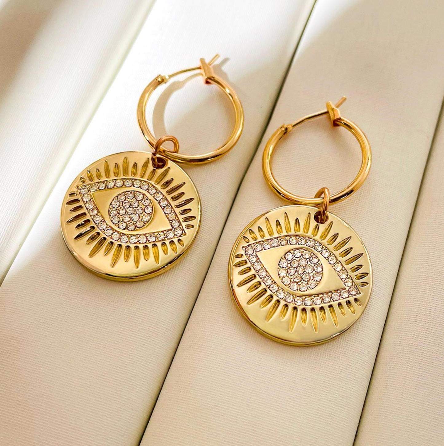 Crystal Gold Eyes Hoop Drop Earrings