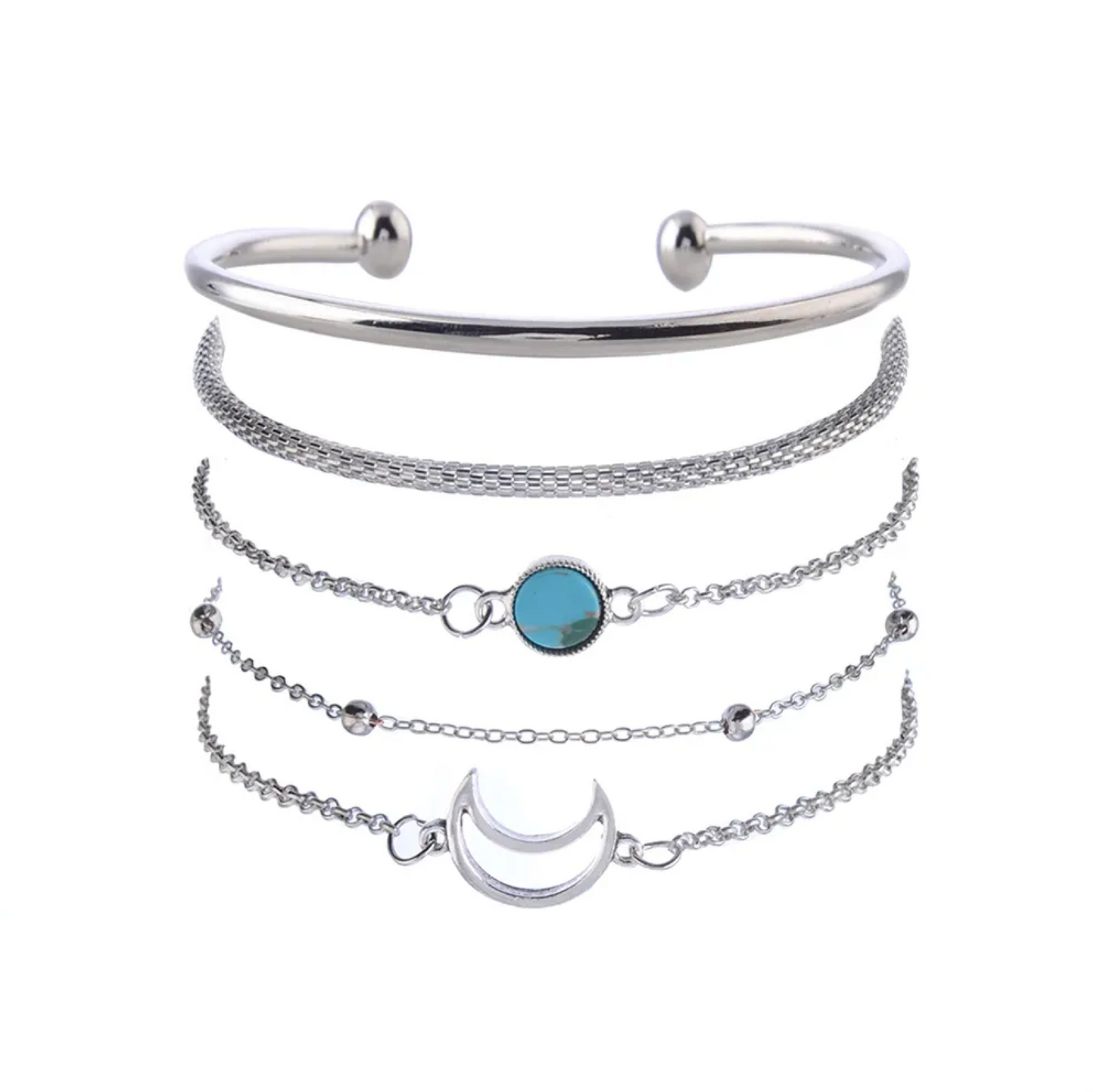 Silvertone Turquoise Crescent Moon Bracelet Set