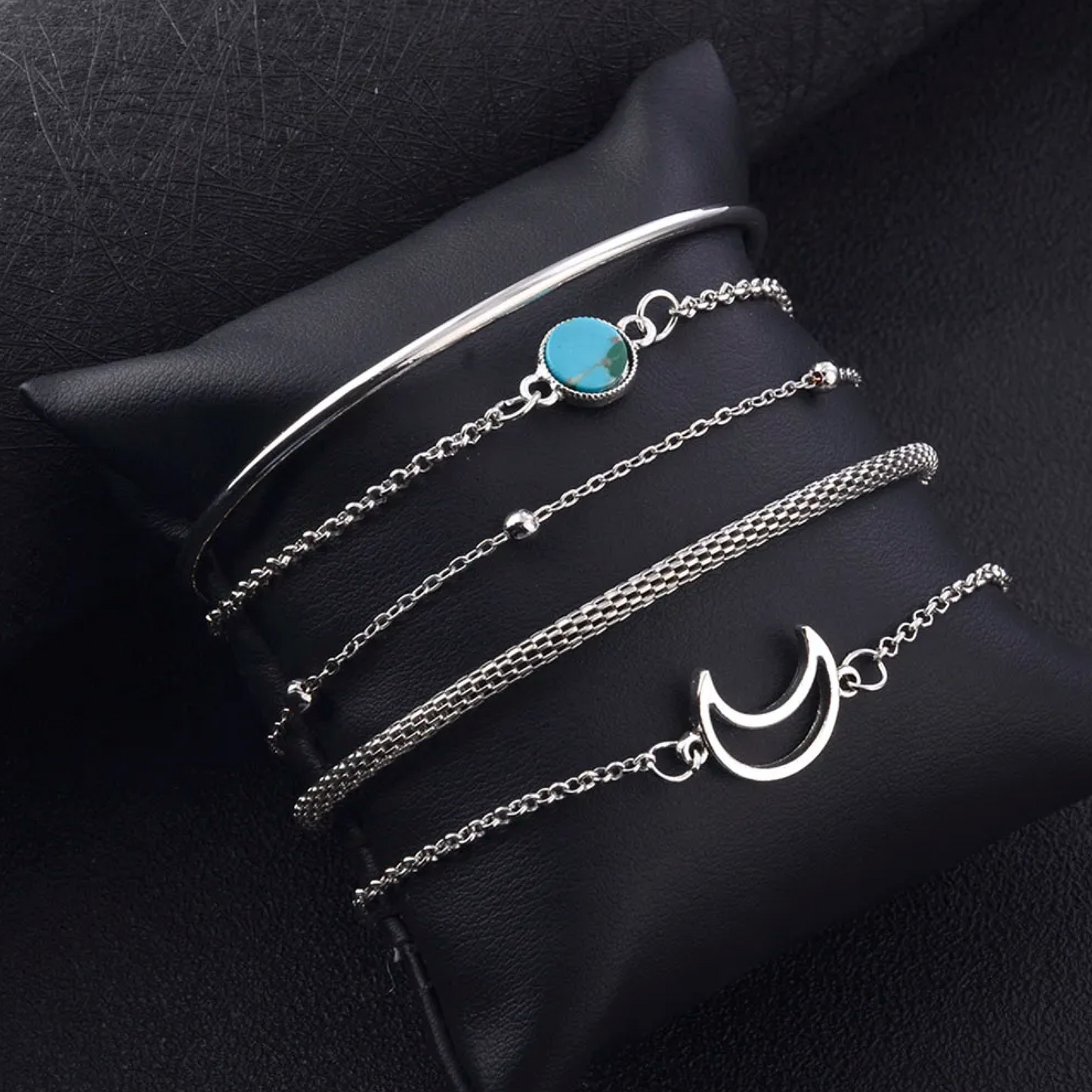 Silvertone Turquoise Crescent Moon Bracelet Set
