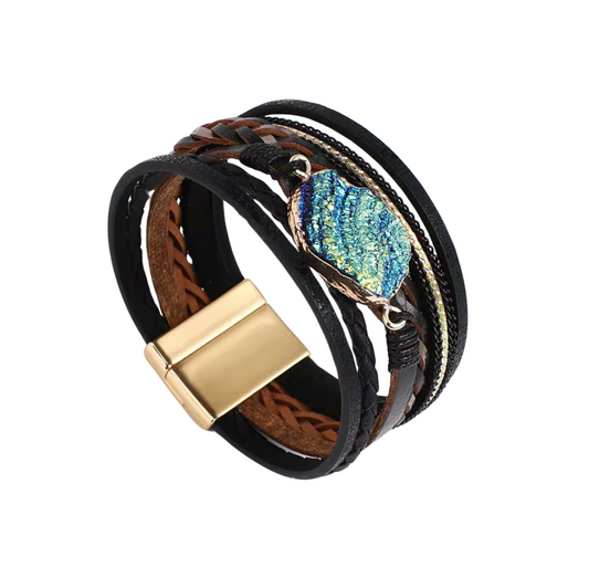 Black Faux Leather Green Blue Geode Multi-strand Bracelet