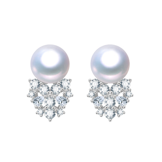 White Freshwater Pearl Cubic Zirconia Clustered Stud Earrings