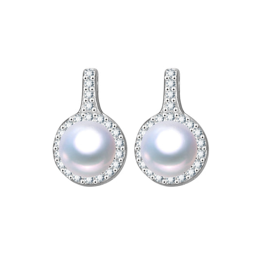 Cubic Zirconia Surrounded White Freshwater Pearl Earrings