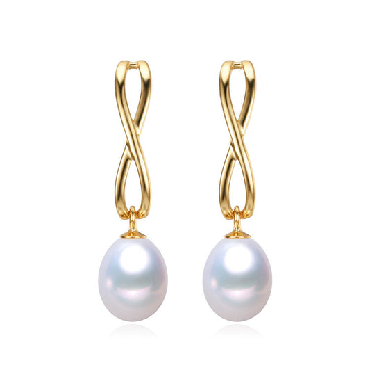 Sterling Silver Infinity White Freshwater Pearl Drop Earrings