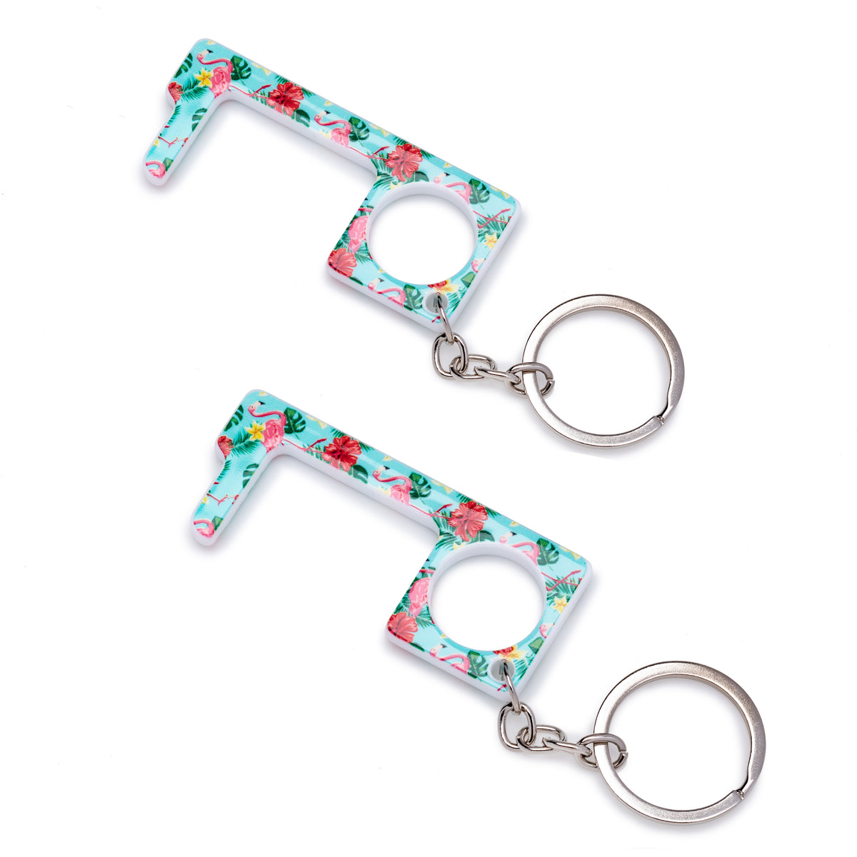 Two turquoise flamingo-print no-touch keychains with round key rings