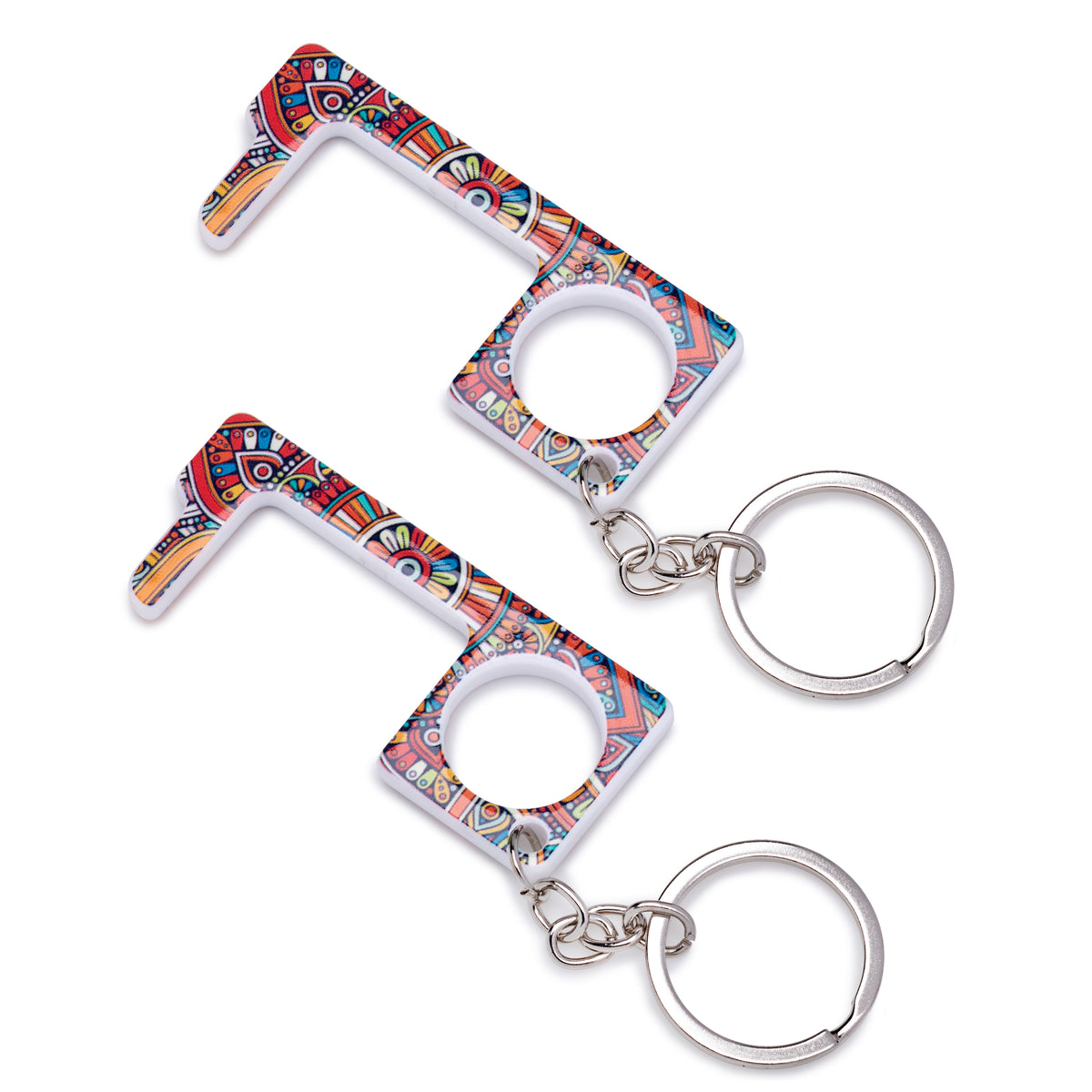 Two multicoloured mosaic-print no-touch keychains with round key rings