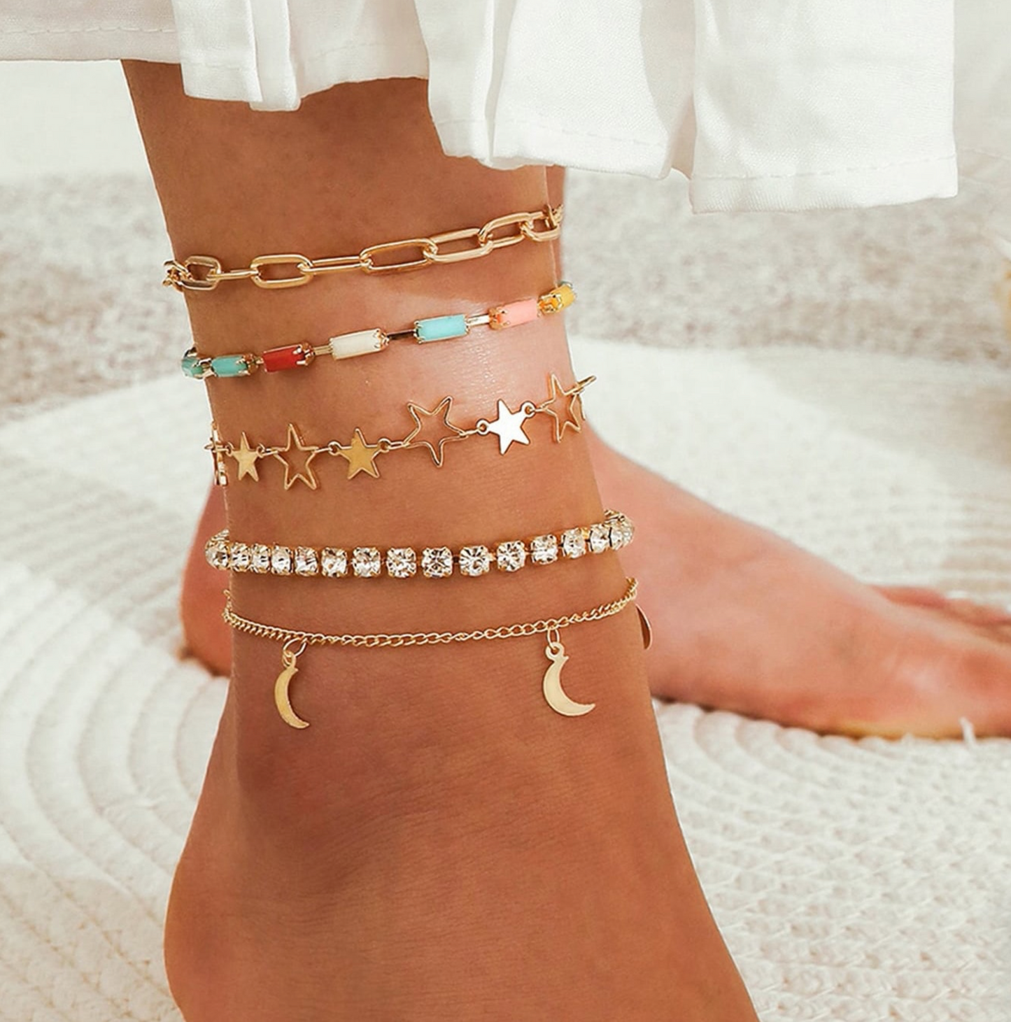 Goldtone And Crystal Anklet Set With Stars And Moons