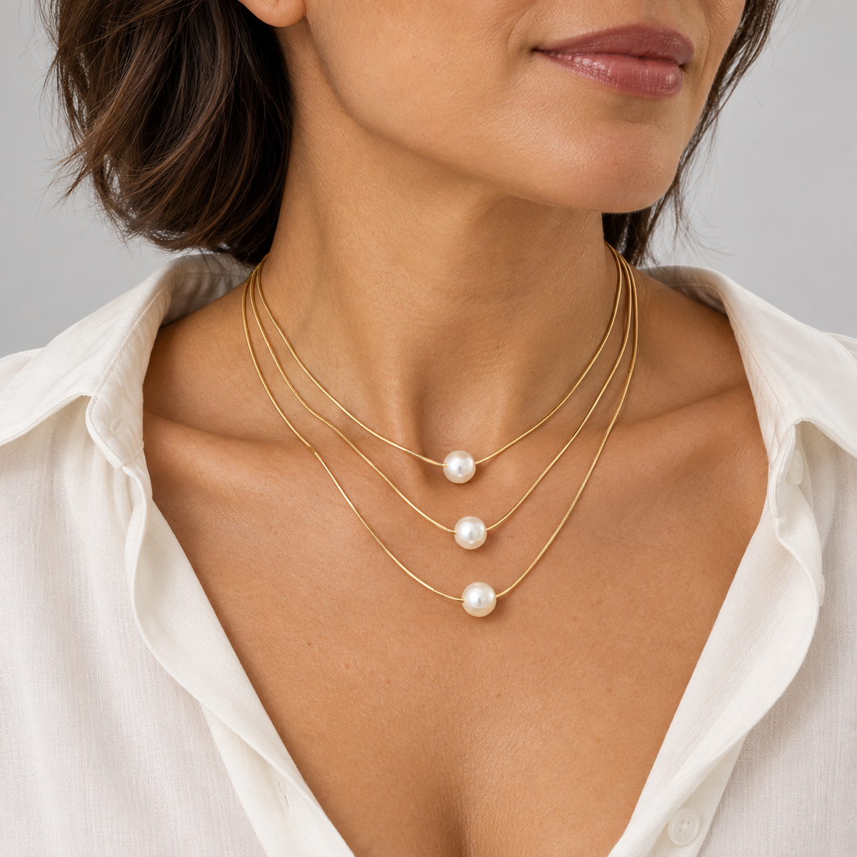 Goldtone Imitation Pearl Triple Layered Necklace — alternate view, SKU 70622-51