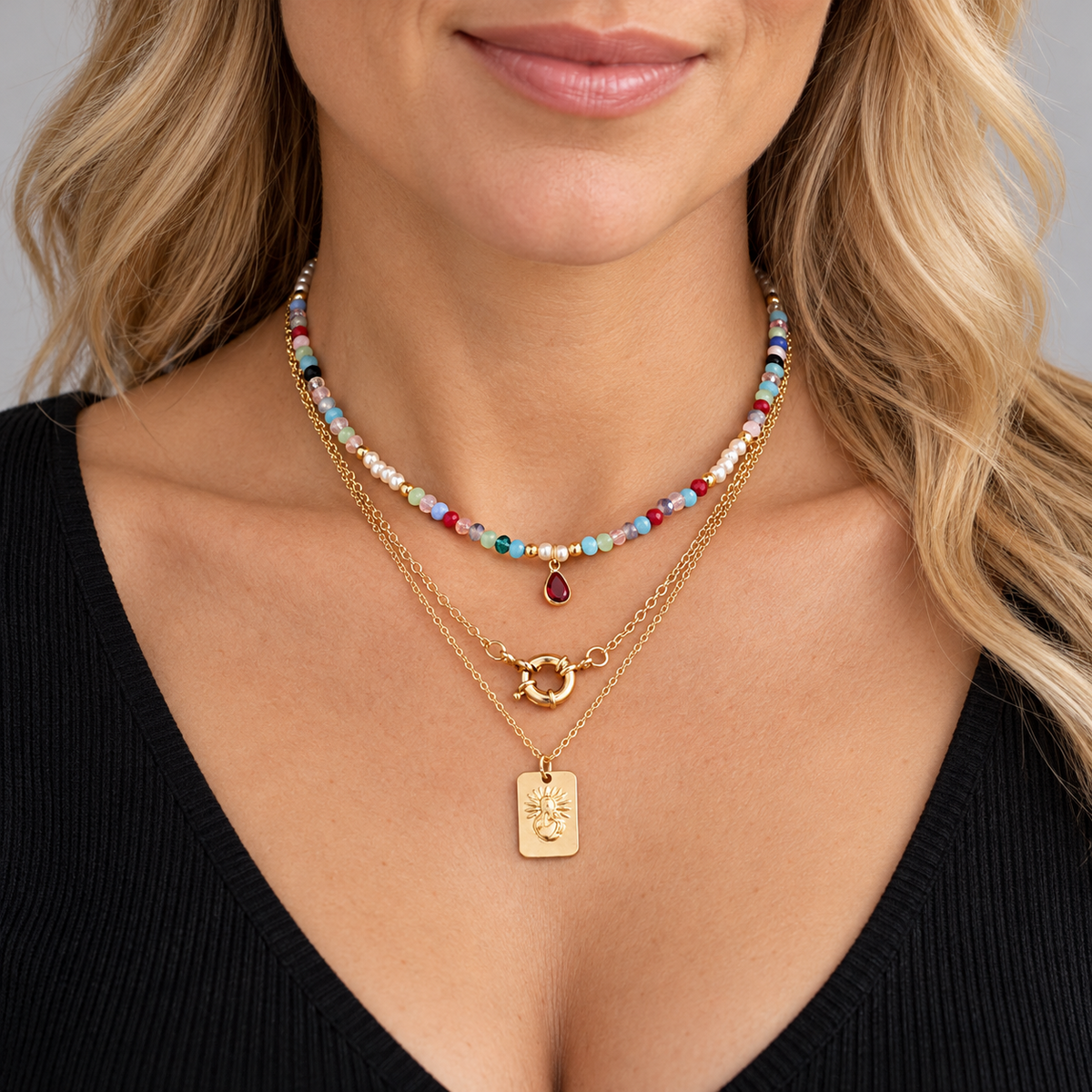 Multi Colored Beaded Sun Pendant Layered Necklace — alternate view, SKU 70622-8