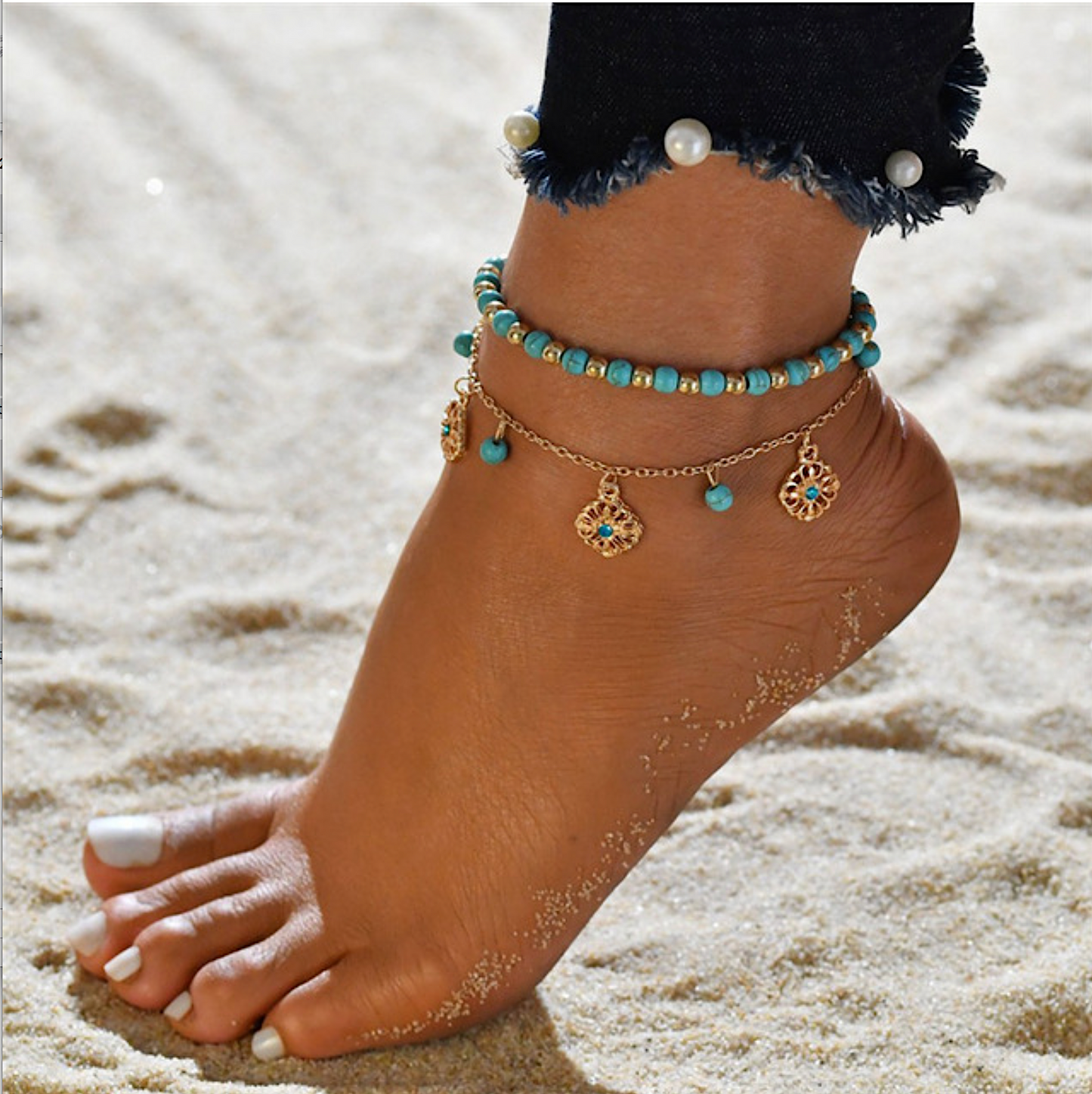 Goldtone Turquoise Beaded Set Of 2 Anklets