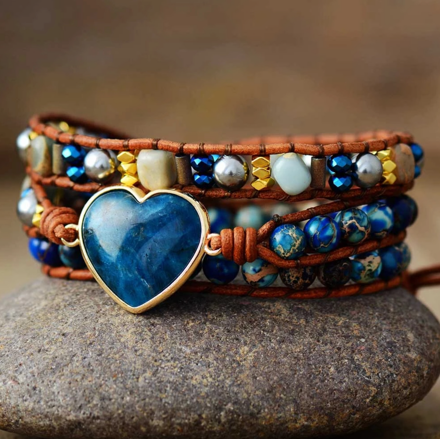 Blue Apatite Gemstone Heart Beaded Leather Wrap Bracelet