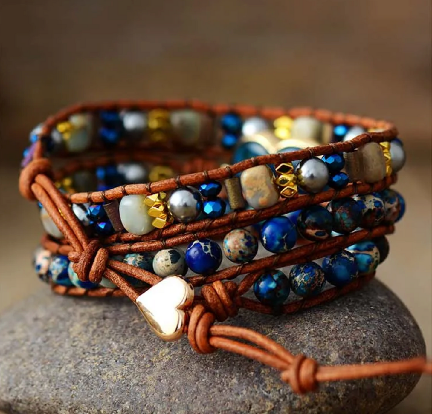 Blue Apatite Gemstone Heart Beaded Leather Wrap Bracelet