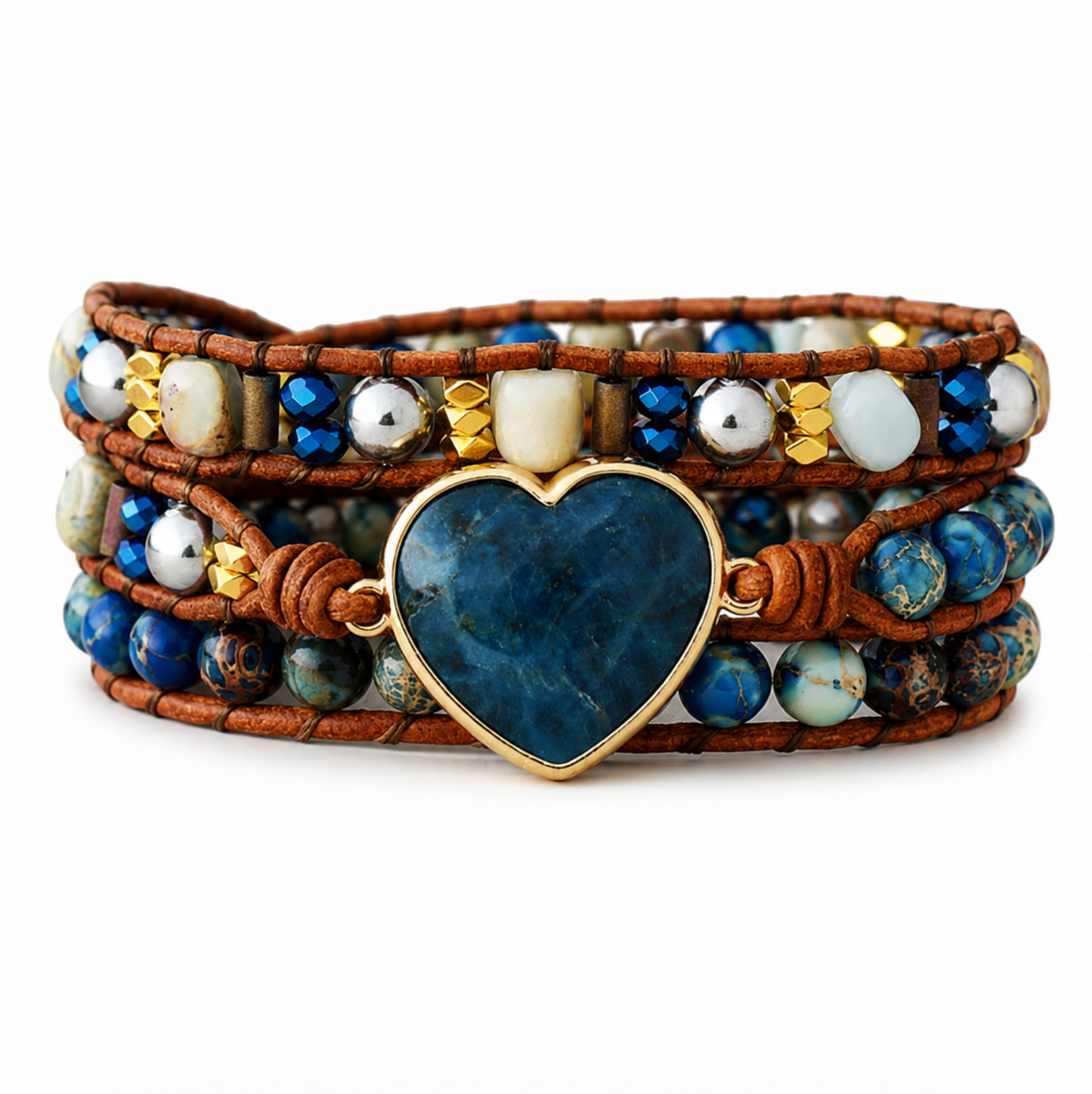 Blue Apatite Gemstone Heart Beaded Leather Wrap Bracelet