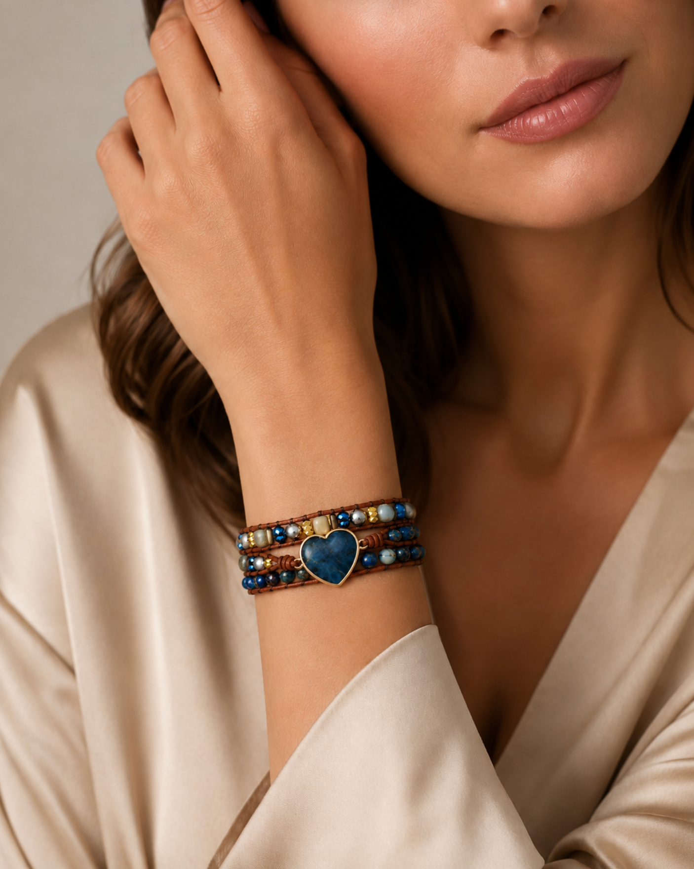 Blue Apatite Gemstone Heart Beaded Leather Wrap Bracelet