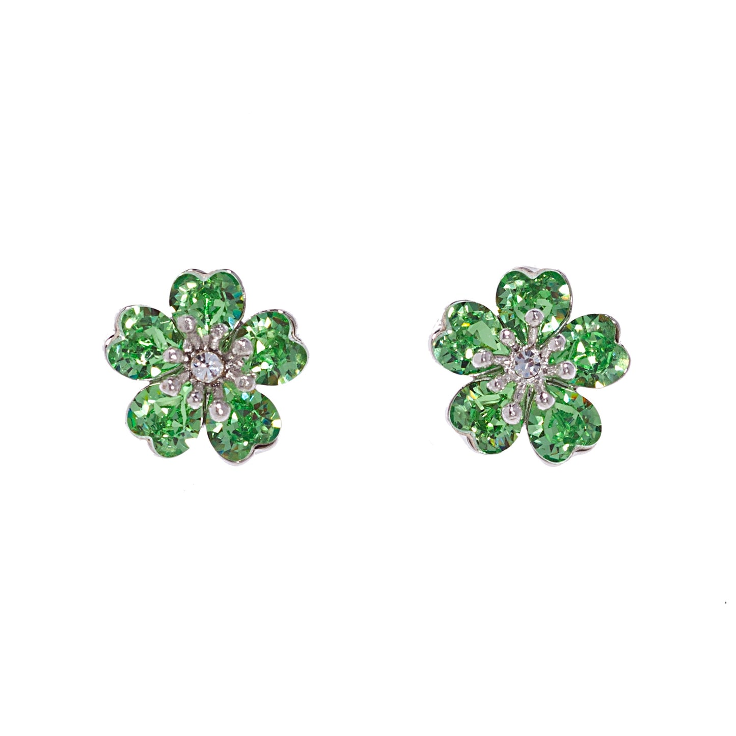 Green Floral Heart Stud Earrings with Swarovski Crystals