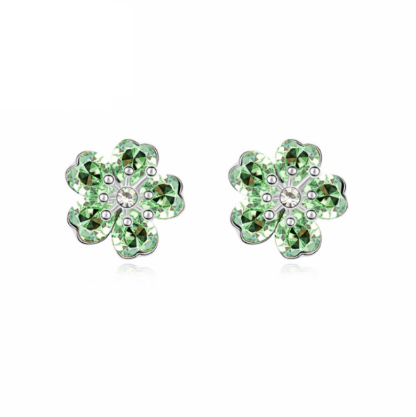 Green Floral Heart Stud Earrings with Swarovski Crystals