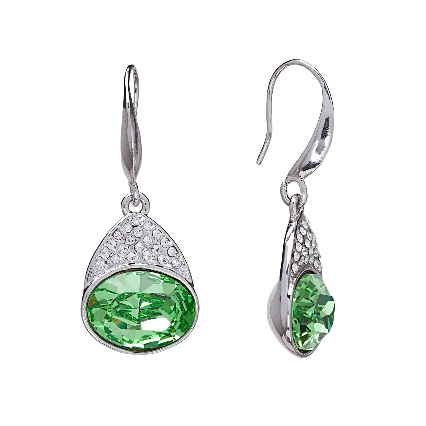 Silvertone Drop Earrings with Green & Clear Swarovski Crystals