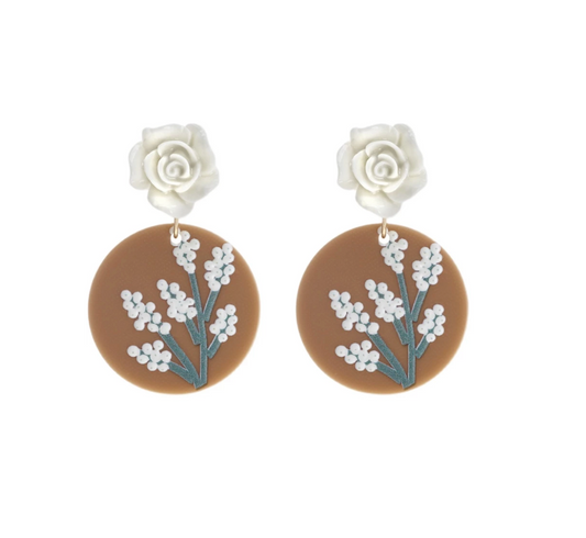 White Rose & Brown Circular Floral Drop Earrings