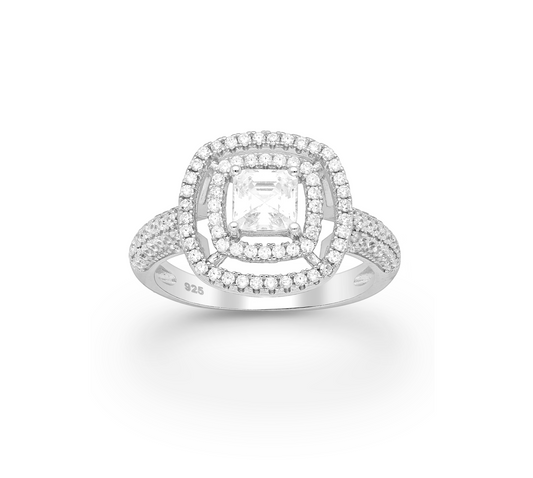 Sterling Silver & Cubic Zirconia Double- Halo Pavé Cushion- Cut Ring