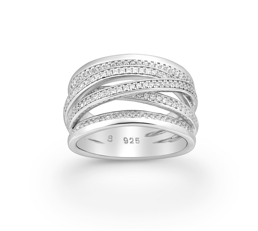 Cubic Zirconia & Sterling Silver Pavé Openwork Crossover Band