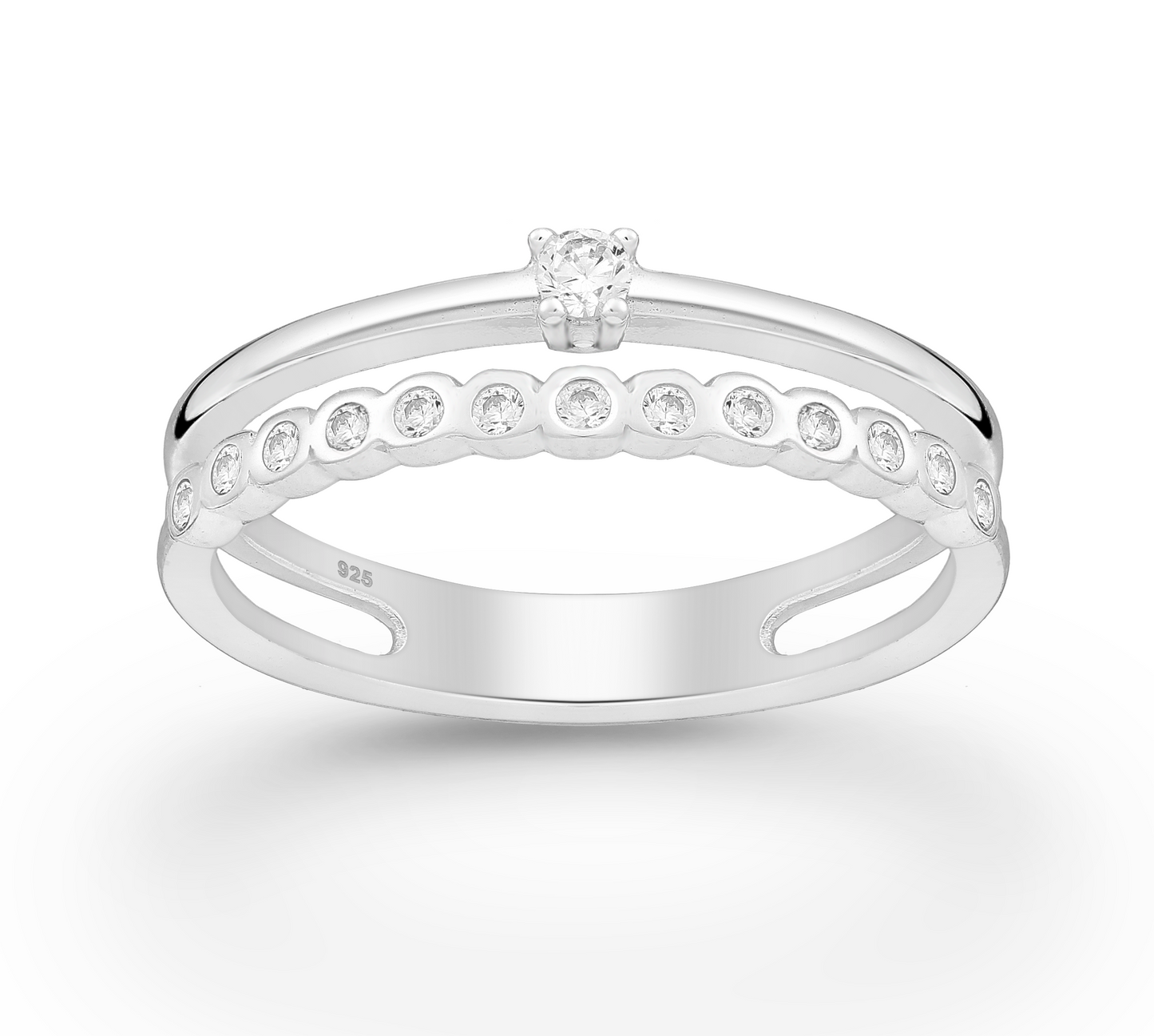 Cubic Zirconia & Sterling Silver Coated & Solitaire Dual-Band Ring