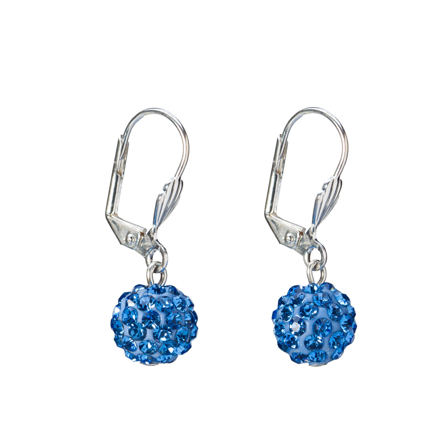 Sapphire blue crystal Shamballa ball drop earrings with silver-colored leverbacks
